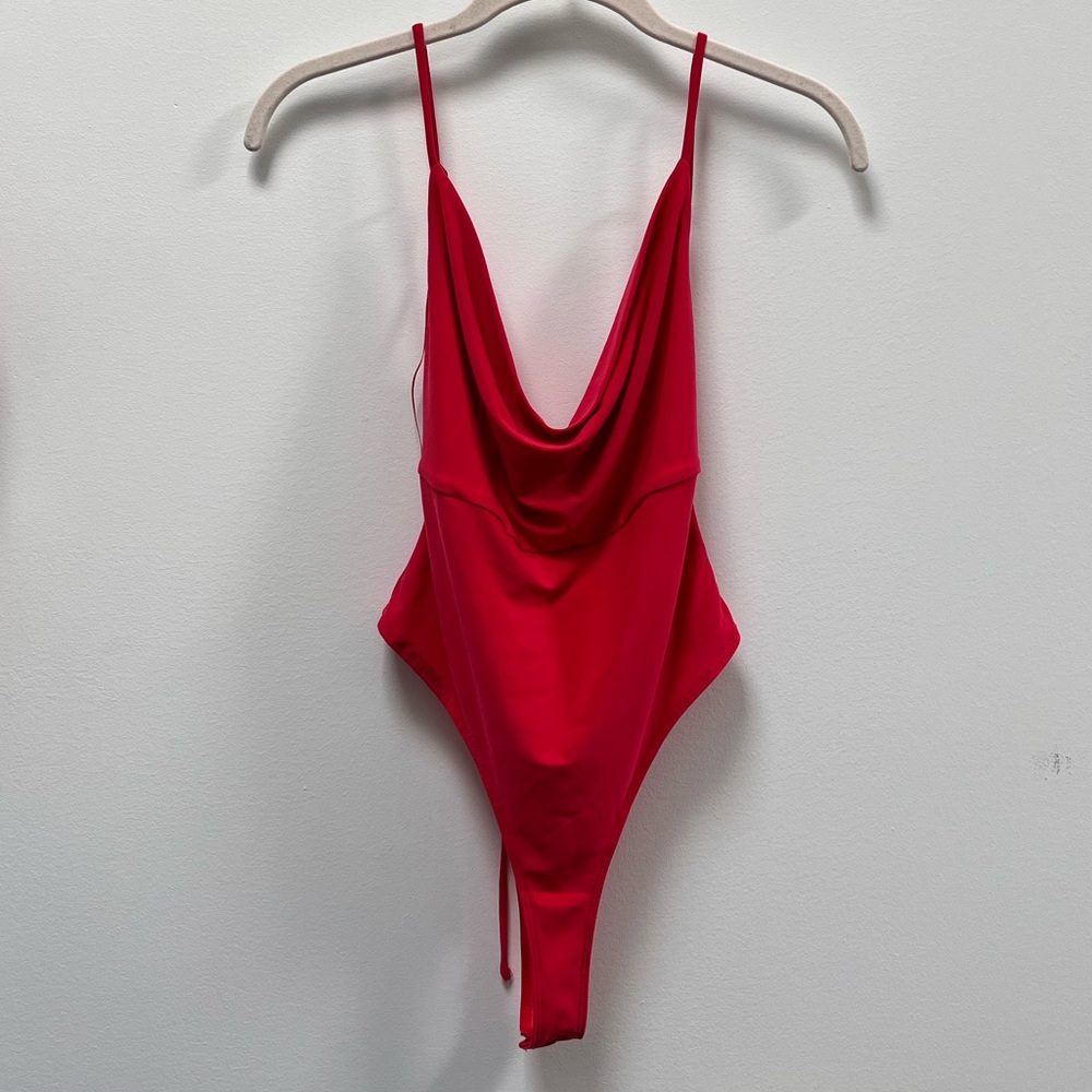 Red cowl neck bodysuit